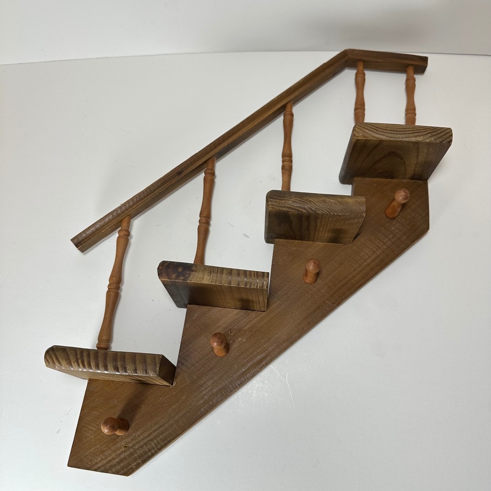 Vintage Wooden Staircase Wall Shelf 4 Tier Spindle Railing Display Rack w/ Pegs
